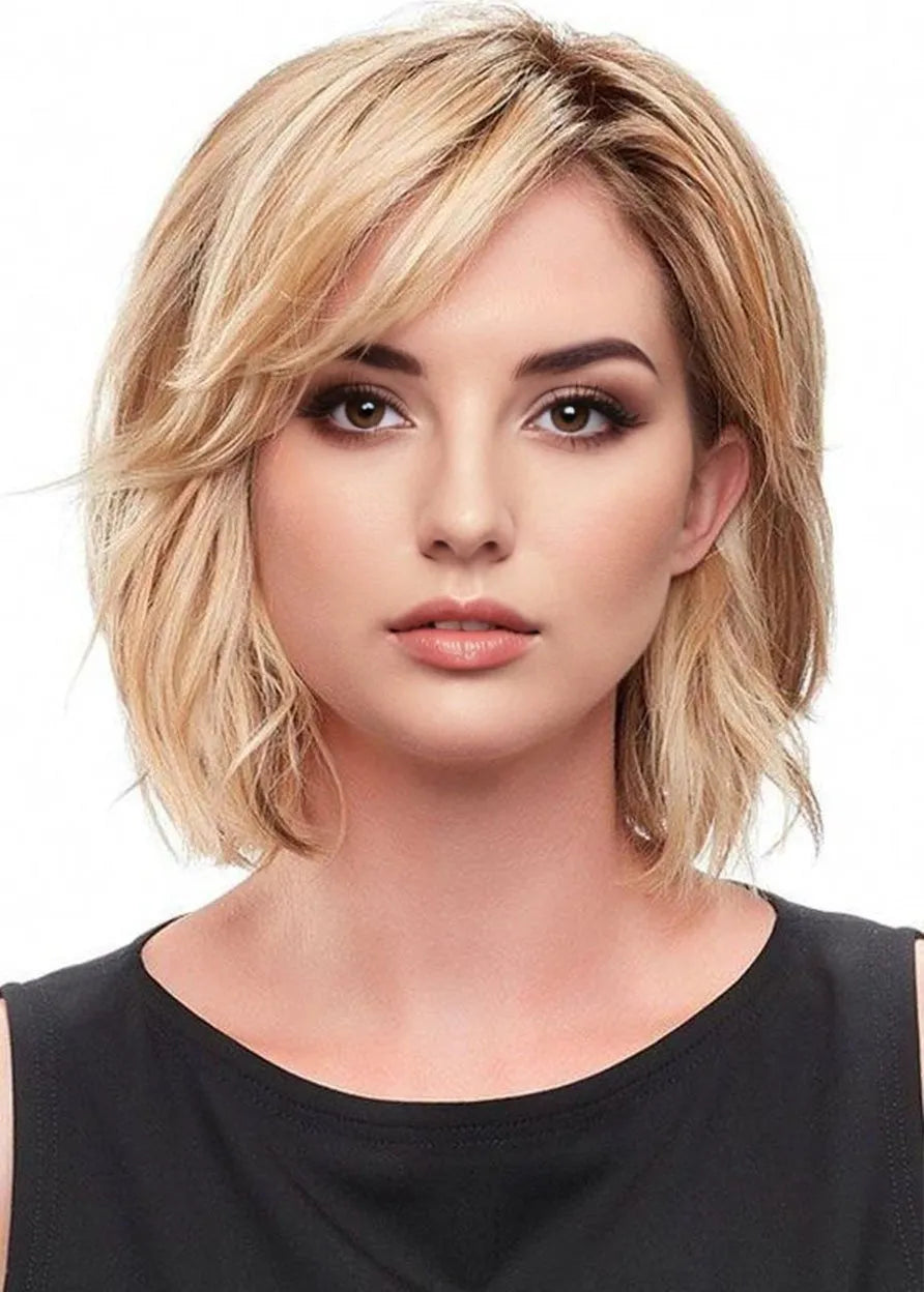 Kurze, geschichtete Frisuren für Frauen mit Seitenscheitel, blond, natürlich, glatt, Echthaar, Lace-Front-Perücke, 12 Zoll