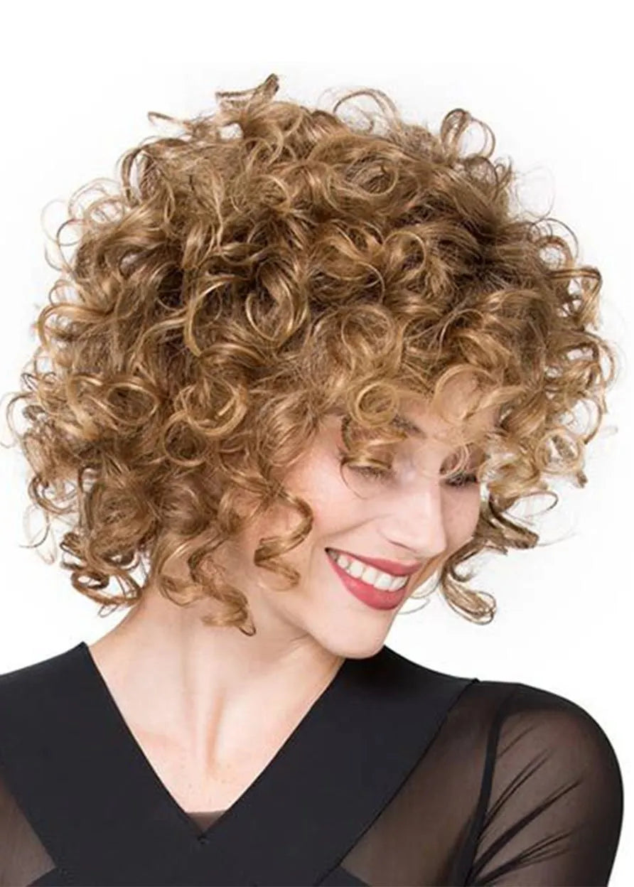 Parrucca sintetica corta castano chiaro afro riccia parrucca frontale in pizzo riccia crespa 18 pollici