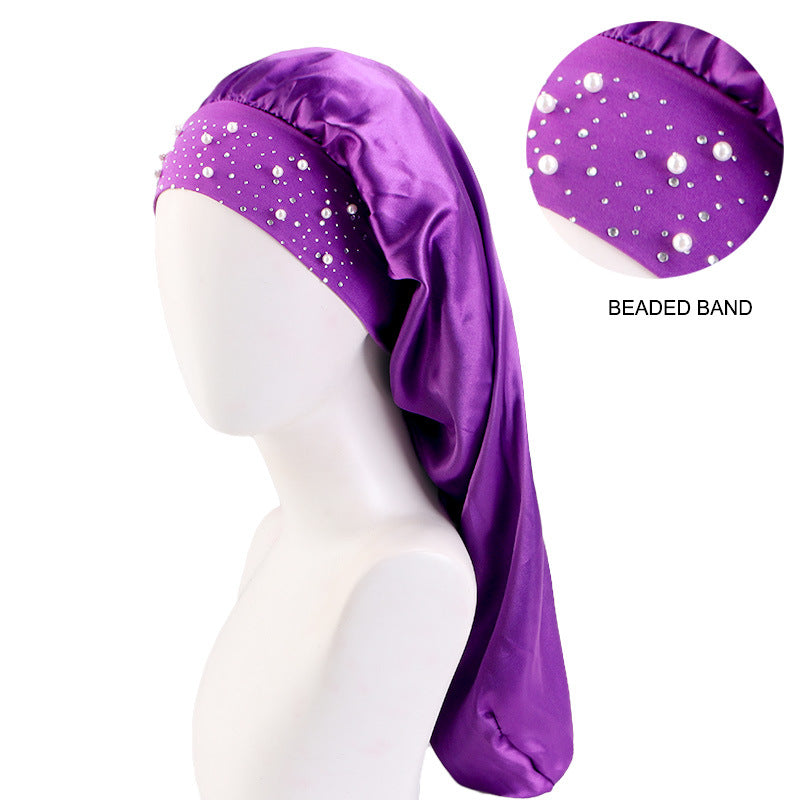 AliExpress hot sale starry Pearl Diamond wide-brimmed satin nightcap long hair care cap long hair shower cap