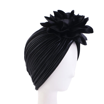 African Style Shiny Silk Pleated Large Flower Headscarf Hat, Ethnic Hat, Hair Loss Hat, Wedding Hat Tjm-79D