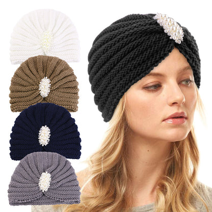 Cross-Border New Autumn and Winter Pearl Diamond Accessories Woolen Turban Hat Ethnic Style Warm Pullover Hat Jdm-138E