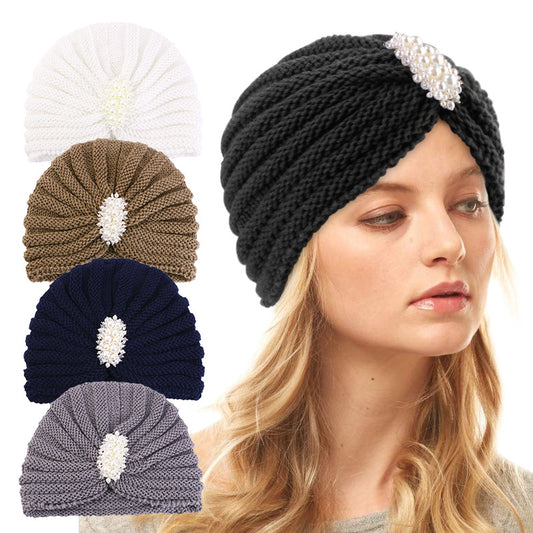 Cross-Border New Autumn and Winter Pearl Diamond Accessories Woolen Turban Hat Ethnic Style Warm Pullover Hat Jdm-138E