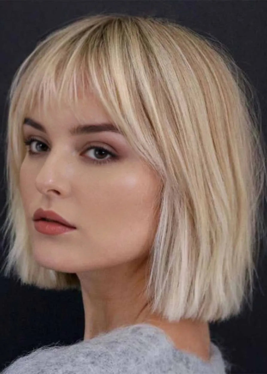 Kurze Bob-Frisuren für Damen, glatt, blond, Bob, Kunsthaar, kappenlose Perücke mit Pony, 12 Zoll