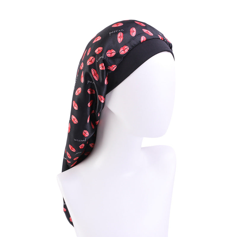 Stretch Hair Band Satin Print Long Tube Hat Long Hair Nightcap Turban Hat