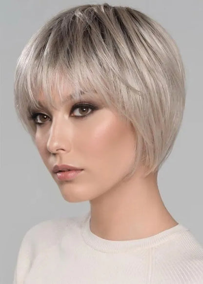 Women's Classic Bob Hairstyles Soft face-framing layers Straight Human Hair Wigs With Bangs Lace Front Wigs 8Inch