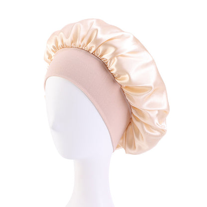 LOGO printing satin nightcap wide brimmed hair band round hat turban hat beauty salon home hat TJM-301