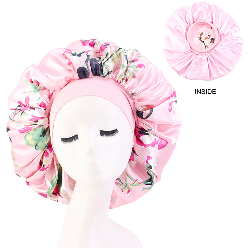 Cross-border Hot Selling Wide-brimmed Stretch Double-layer Sleeping Cap Sade Printed Extra Large Shower Cap Beauty Hair Care Cap