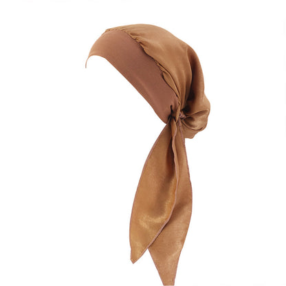 Pastoral Style Elastic Wide-Brimmed Imitation Silk Turban Hat, Long Tail Braid Hat, Chemotherapy Hat, Cross-Border Supply