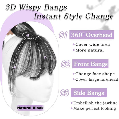 Clip in Bangs 100% Human Hair Toppers 360°3D Hair Pieces Clip On Air Bangs Extensions