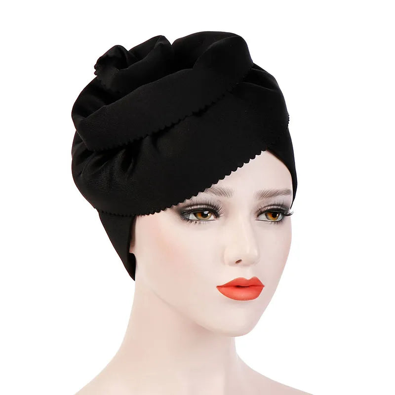 Plicated Flowers Fashion Pure Colour Turban