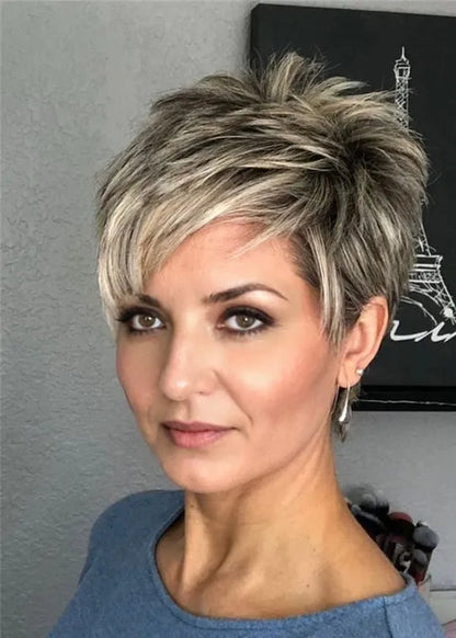 Kurze Pixie-Cut-Frisur für Damen, gerade, Kunsthaar, kappenlose Perücke, 6 Zoll