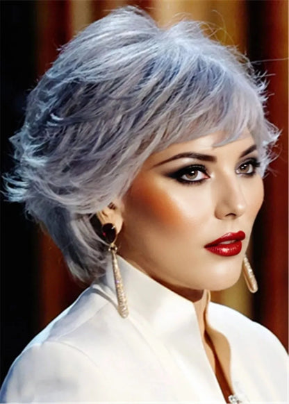 Jane Fonda Hairstyle Parrucche senza cappuccio per capelli umani grigi ondulati da donna con frangia da 14 pollici