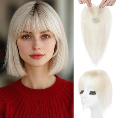 Hair Toppers for Women Real Human Hair Seamless Hair Piece with Bangs