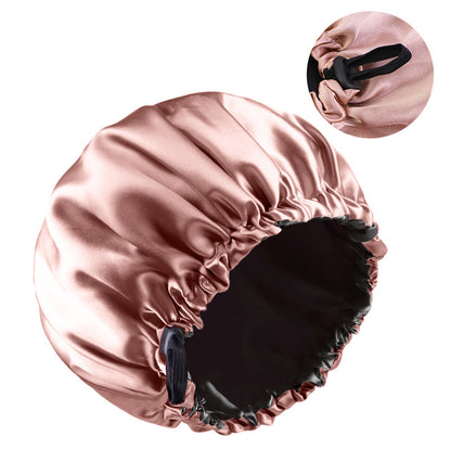 Double-layer flat buckle adjustable satin nightcap women's beauty hair care cap solid color round cap JDB-256C-7