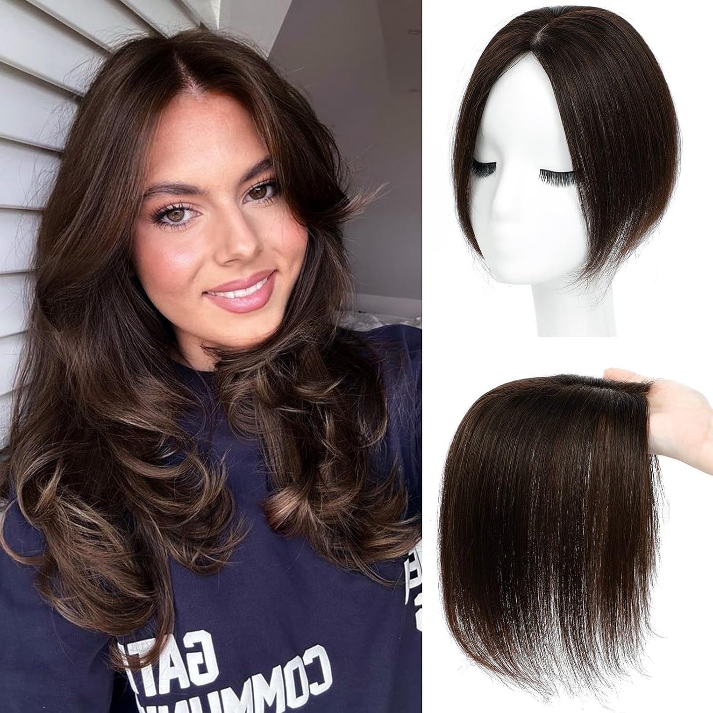 Hair Toppers for Women Real Human Hair, Bangs Hair Clip 360° 3D Cover Human Hair Topper with Bangs