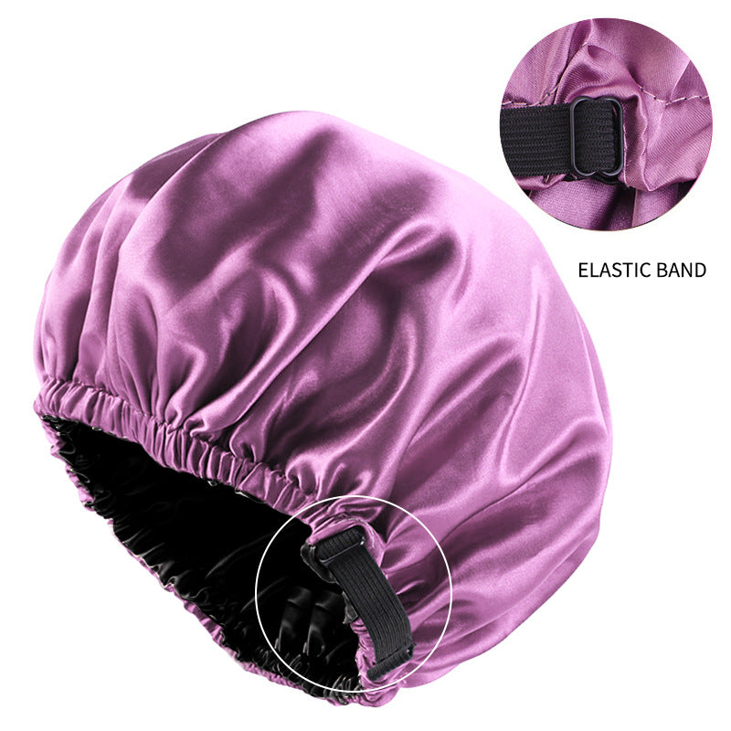 Cross-border supply of colored nightcap invisible flat adjustable buckle silk double shower cap beauty hair care hat