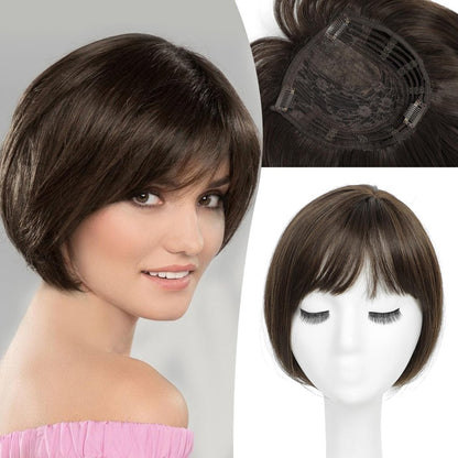 Human Hair Pieces Short Bob Hair Toppers with Bangs Side Part Hair