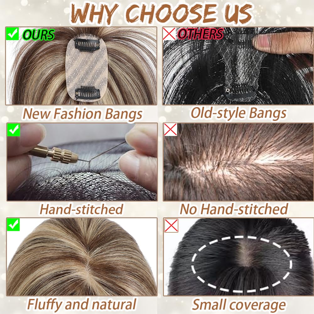 Hair Toppers for Women Real Human Hair, Bangs Hair Clip 360° 3D Cover Human Hair Topper with Bangs
