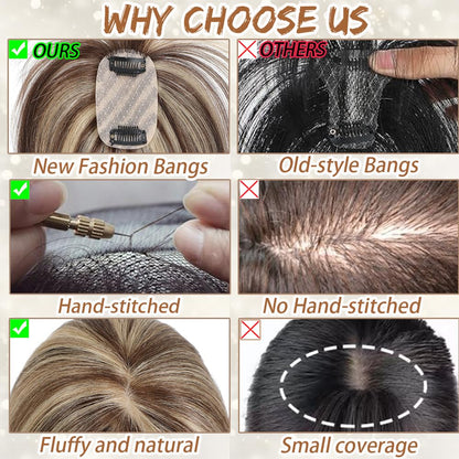 Hair Toppers for Women Real Human Hair, Bangs Hair Clip 360° 3D Cover Human Hair Topper with Bangs