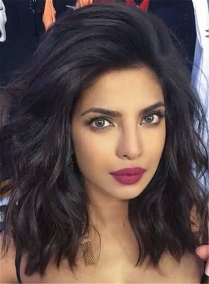 Messy Lob Blunt Cut Loose Wave One Side Part Medium Synthetic Hair Lace Front Cap Wigs 14 Inches