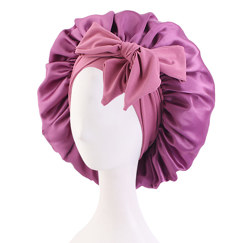 Cross-border supply solid color streamer round hat bow satin wide-brimmed nightcap advertising cap makeup cap JDB-301L