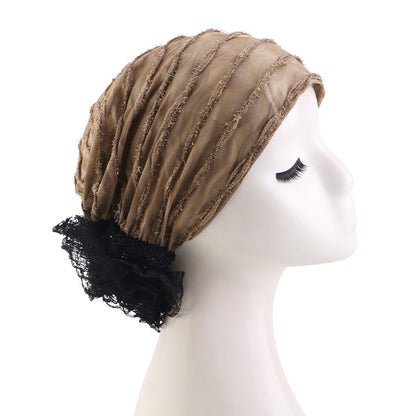 Cross-Border Spring and Autumn Style Breathable Lace Hat, Ethnic Hat with Floral Embellishment on the Back, Hair-Protecting Headscarf Hat Jdt-516