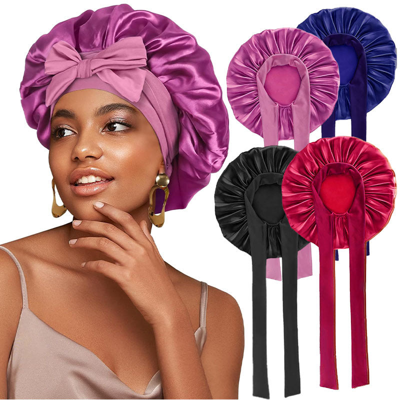 Cross-border supply solid color streamer round hat bow satin wide-brimmed nightcap advertising cap makeup cap JDB-301L