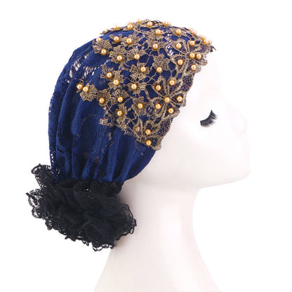 Cross-Border Pearl Diamond Breathable Lace Hat, Floral Ethnic Hat, Hair Care Turban Hat Jdt-501