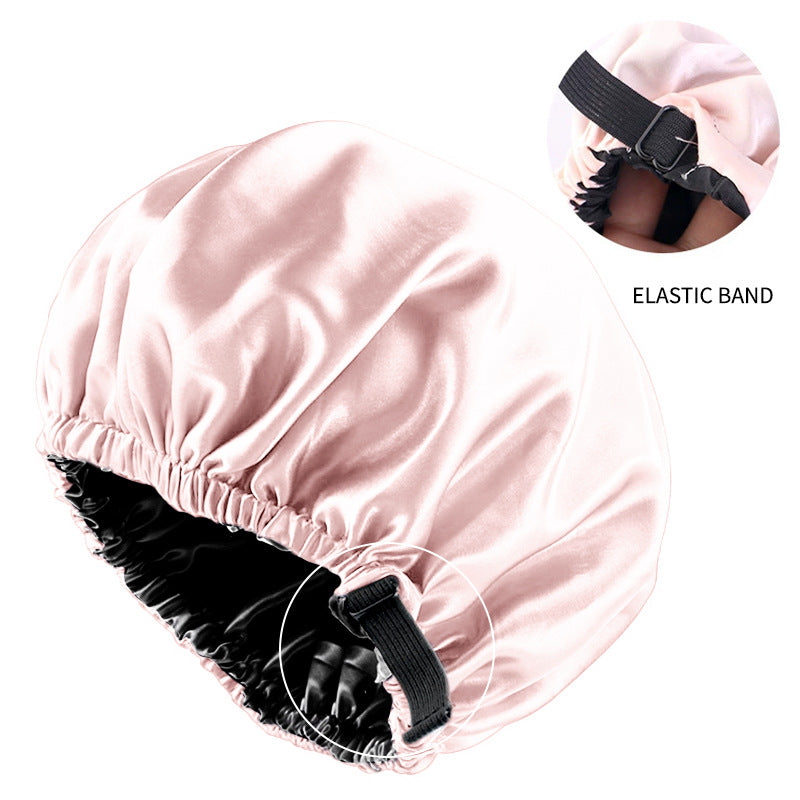 Cross-border supply of colored nightcap invisible flat adjustable buckle silk double shower cap beauty hair care hat