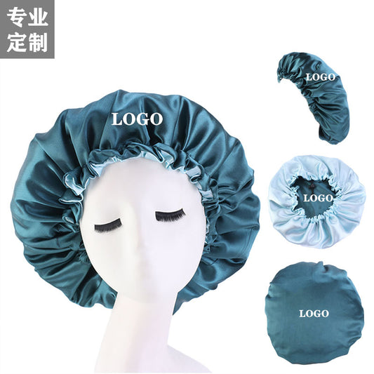 Adjustable Double-layer satin nightcap hair care cap custom LOGO solid color beauty and hairdressing advertising hat