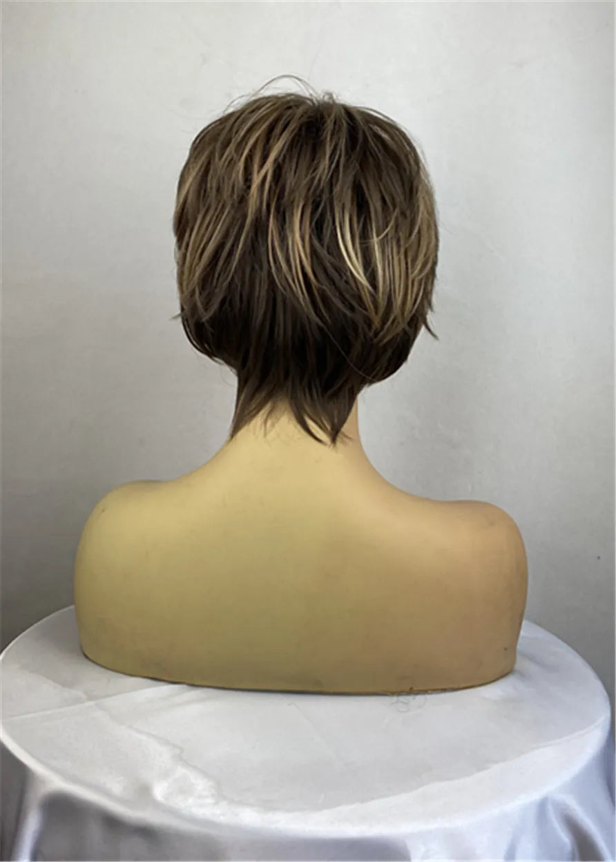 Short Choppy Haircuts Mix Color Wavy Synthetic Hair With Layers Bangs Capless Wigs 12 Inches