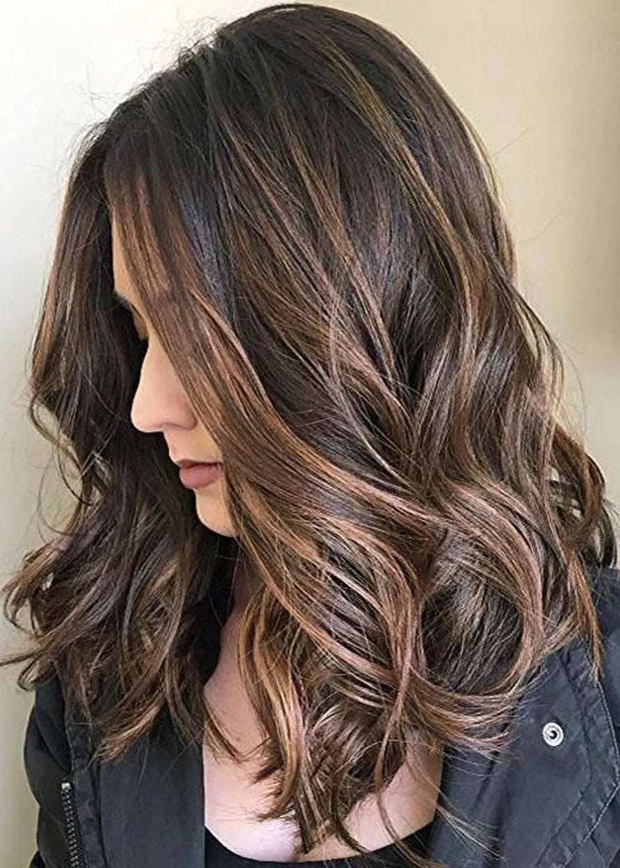 Money Piece Hair Damen Lange gewellte synthetische Kappenlose Perücken 22 Zoll