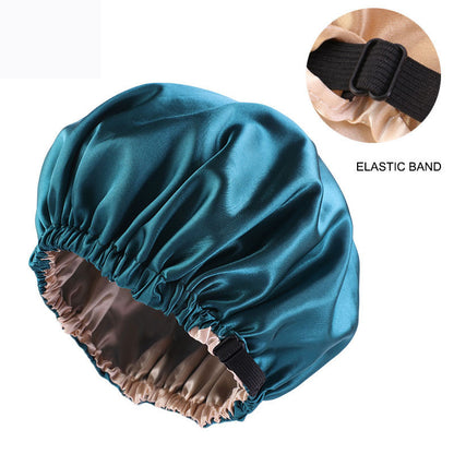 Cross-border supply of colored nightcap invisible flat adjustable buckle silk double shower cap beauty hair care hat