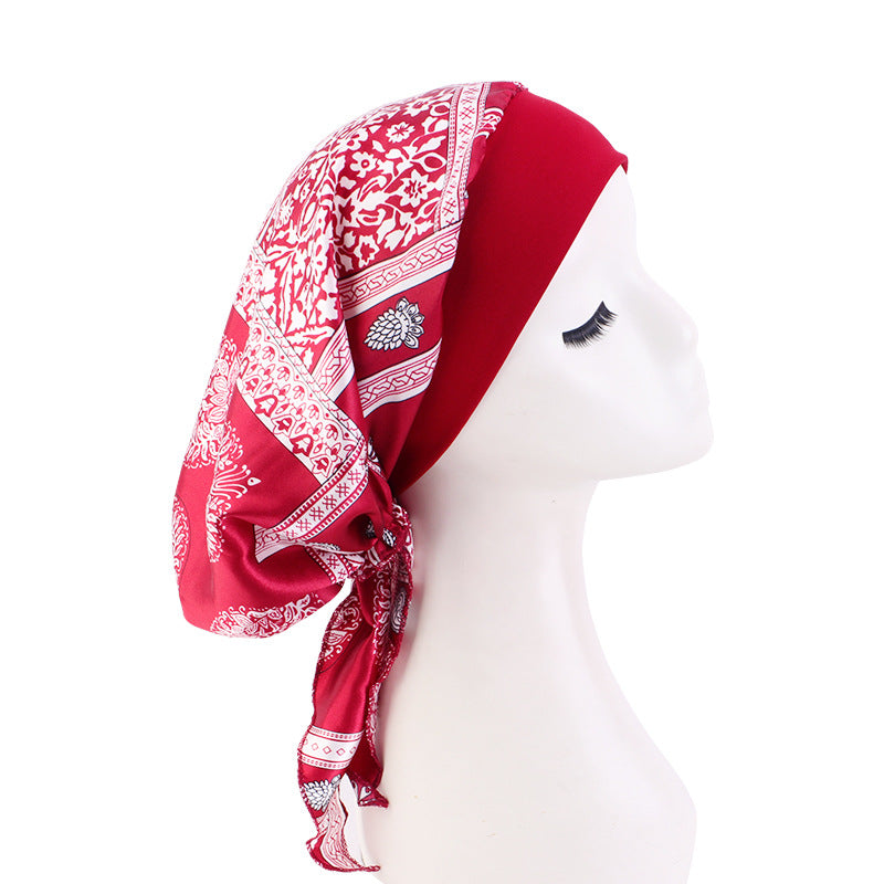European and American popular long tail ribbon headscarf hat elastic wide-brimmed satin toe cap pirate hat JDT-329E
