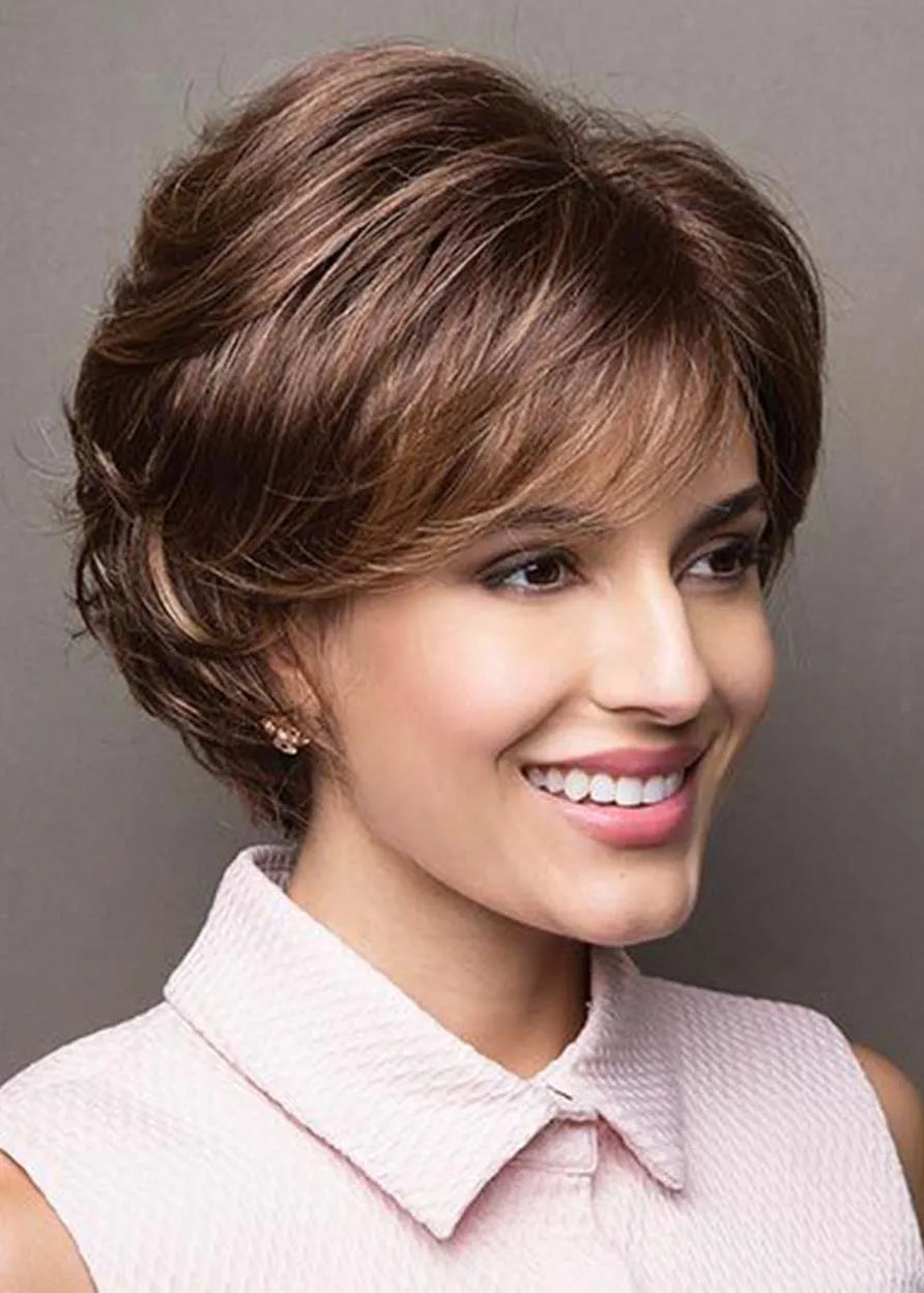 Trendy Hairstyles Women's Short Bob Layered Wavy Synthtic Hair Capless Wigs With Bangs 10Inch