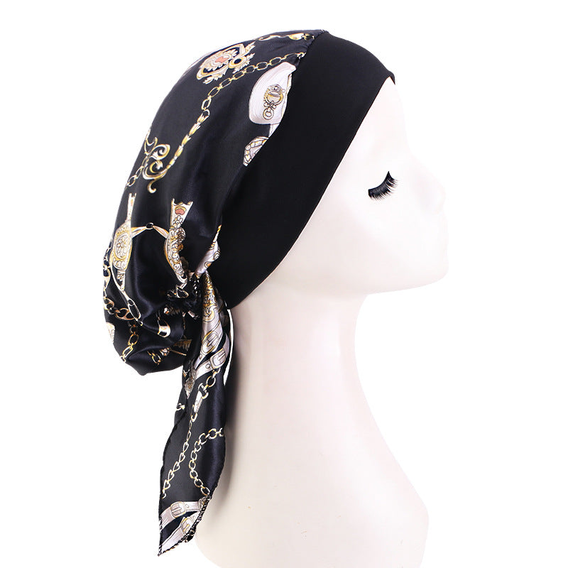 European and American popular long tail ribbon headscarf hat elastic wide-brimmed satin toe cap pirate hat JDT-329E