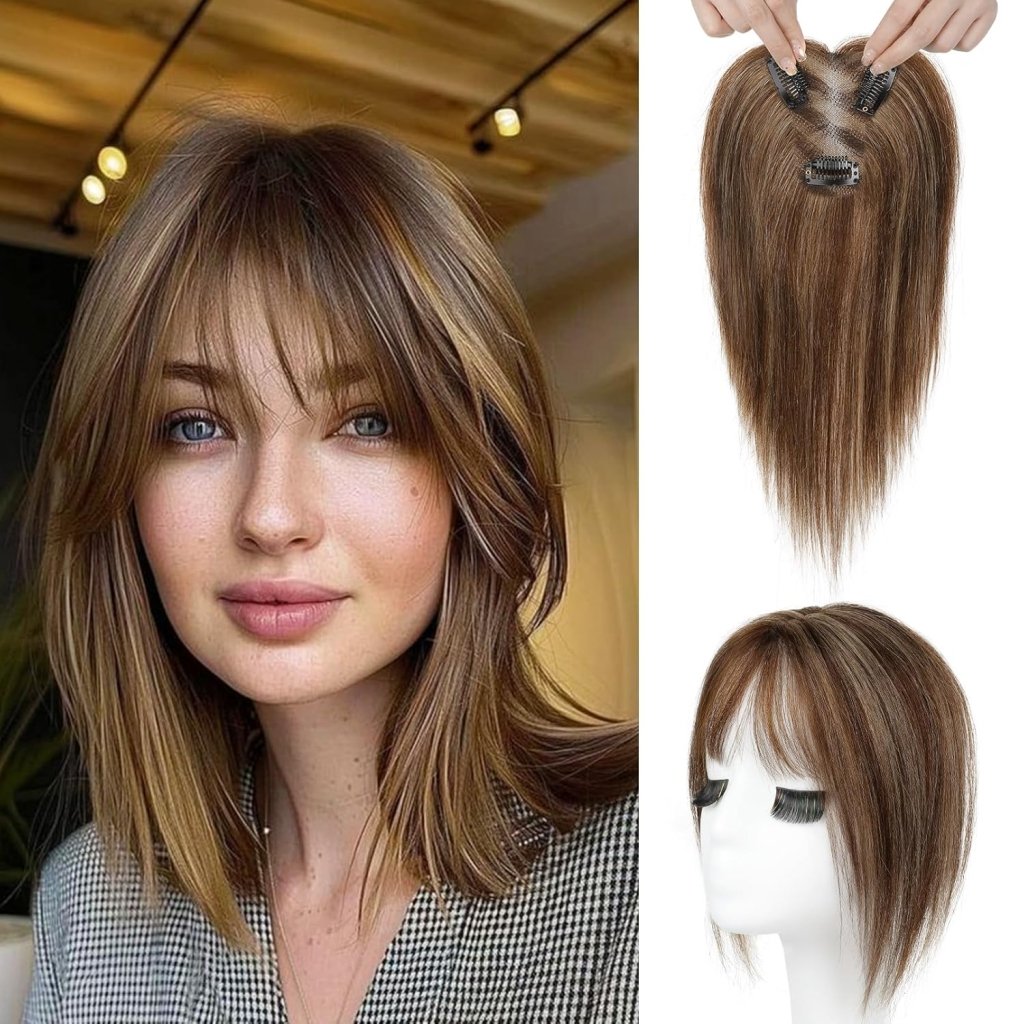 Hair Toppers for Women Real Human Hair Seamless Hair Piece with Bangs