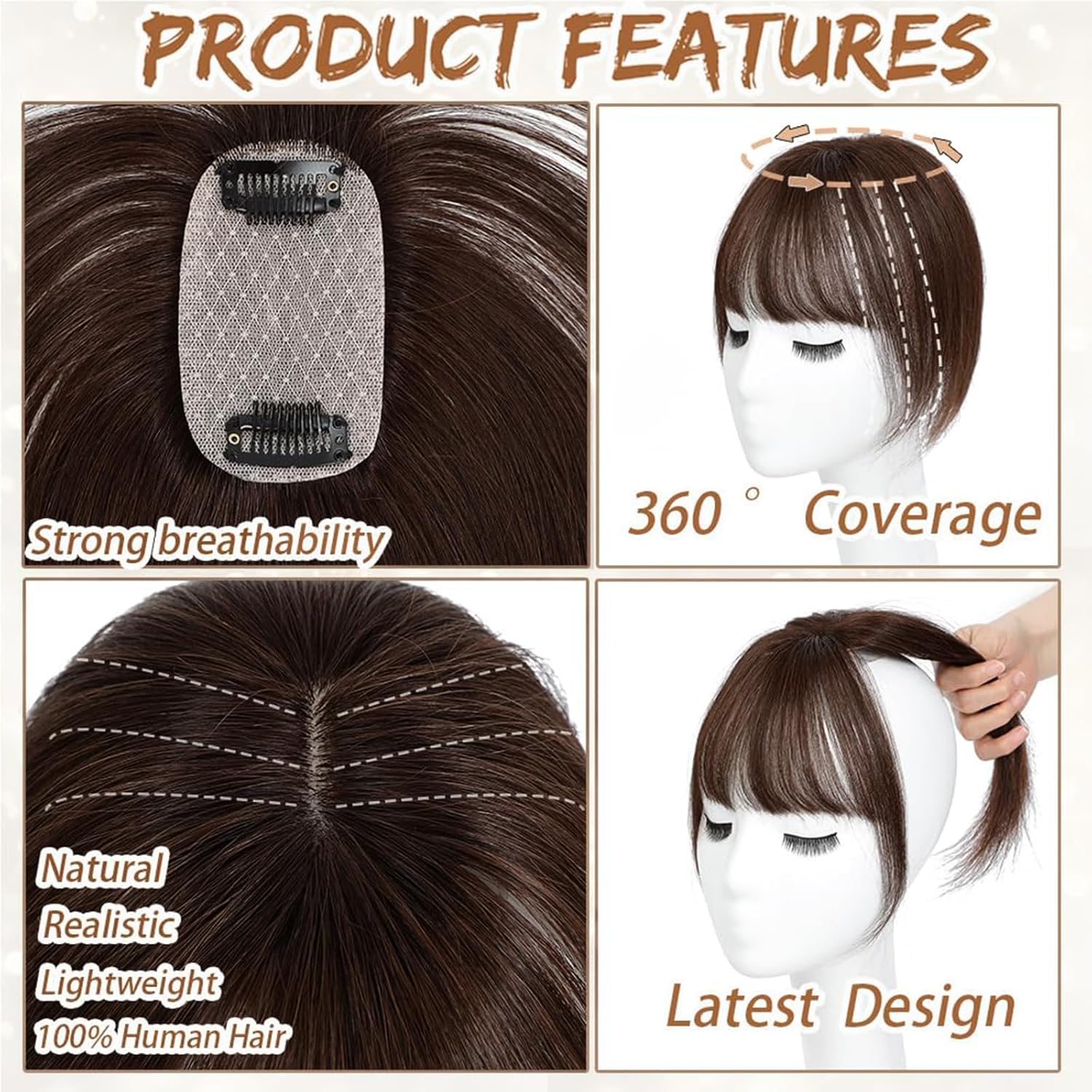 Hair Toppers for Women Real Human Hair, Bangs Hair Clip 360° 3D Cover Human Hair Topper with Bangs