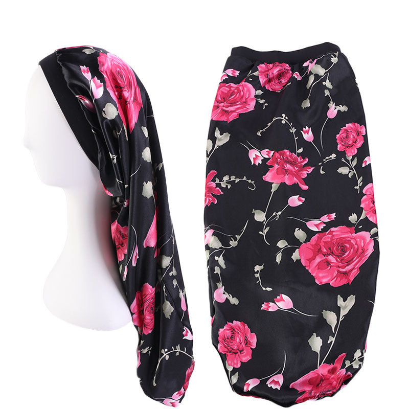Stretch Hair Band Satin Print Long Tube Hat Long Hair Nightcap Turban Hat