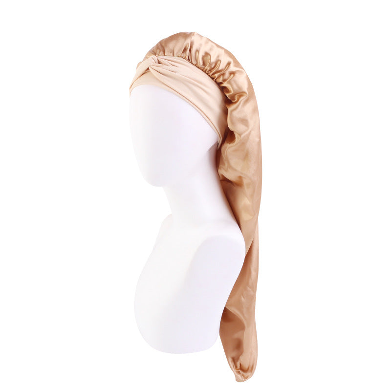 Wide-brimmed elastic ribbon women's headscarf hat perm hair care hat cross-border hot sale satin long nightcap