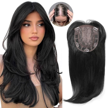 Short Layered Hair Topper with Bangs for Women with Thinning Hair 14 Inch 100% Human Hair Wigs Piece