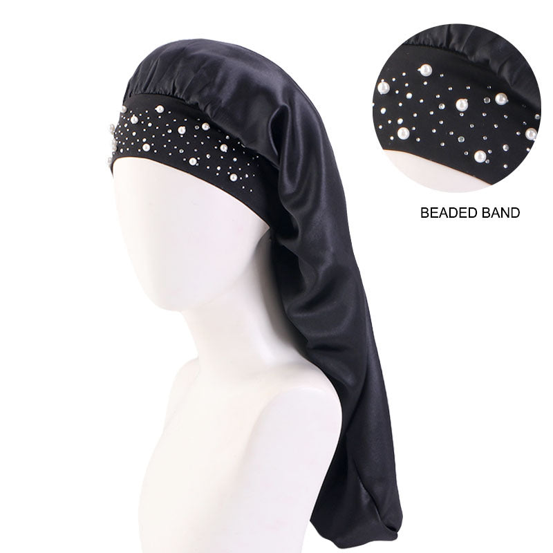 AliExpress hot sale starry Pearl Diamond wide-brimmed satin nightcap long hair care cap long hair shower cap