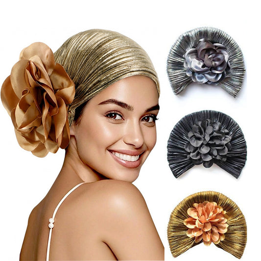 African Style Shiny Silk Pleated Large Flower Headscarf Hat, Ethnic Hat, Hair Loss Hat, Wedding Hat Tjm-79D