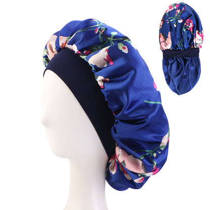 Cross-Border New Double-Layer Satin Printed Elastic Wide-Brimmed Nightcap Satin Round Hat Beauty Salon Hat