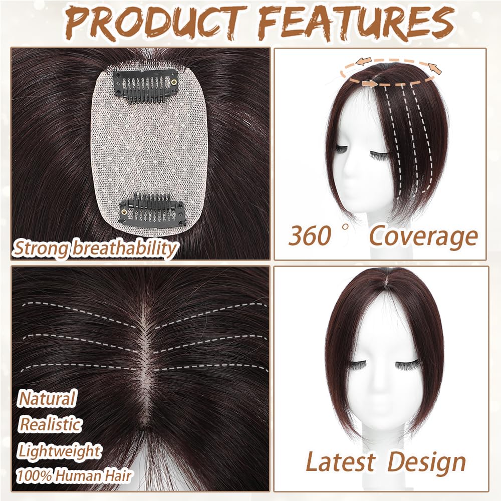 Hair Toppers for Women Real Human Hair, Bangs Hair Clip 360° 3D Cover Human Hair Topper with Bangs