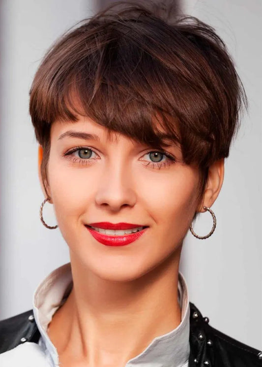 Women's Shag Haircut Long Pixie Brown Straight Human Hair Capless Wigs 6Inch