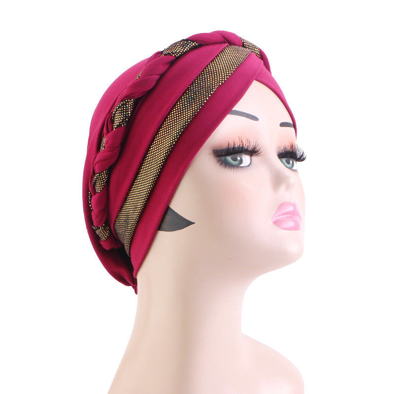 Cross-Border Braided Headscarf Hat Factory New Model Gold-Stamped Two-Color Handmade Headscarf Custom-Made Upon Request Jdt-429M