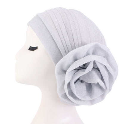 New Style Shiny Silk Large Flower Headscarf Hat, Versatile Retro Fashion Hat Tjm-322
