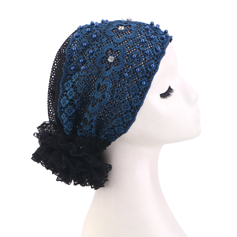 Cross-Border New Breathable Lace Pearl Hat, Floral Turban Hat, Head Wrap Hat, Hair Care Hat Jdt-502