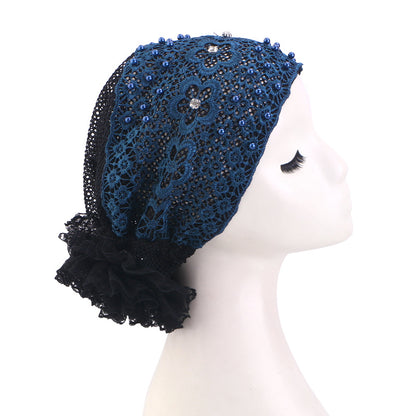 Cross-Border New Breathable Lace Pearl Hat, Floral Turban Hat, Head Wrap Hat, Hair Care Hat Jdt-502